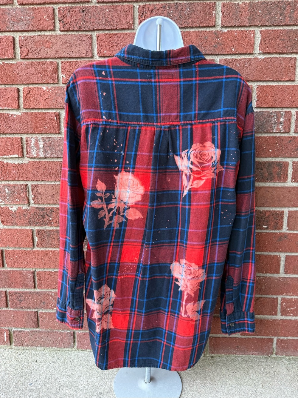 Handmade - Rose - Women's Red & Navy Plaid Floral Button-Up Shirt